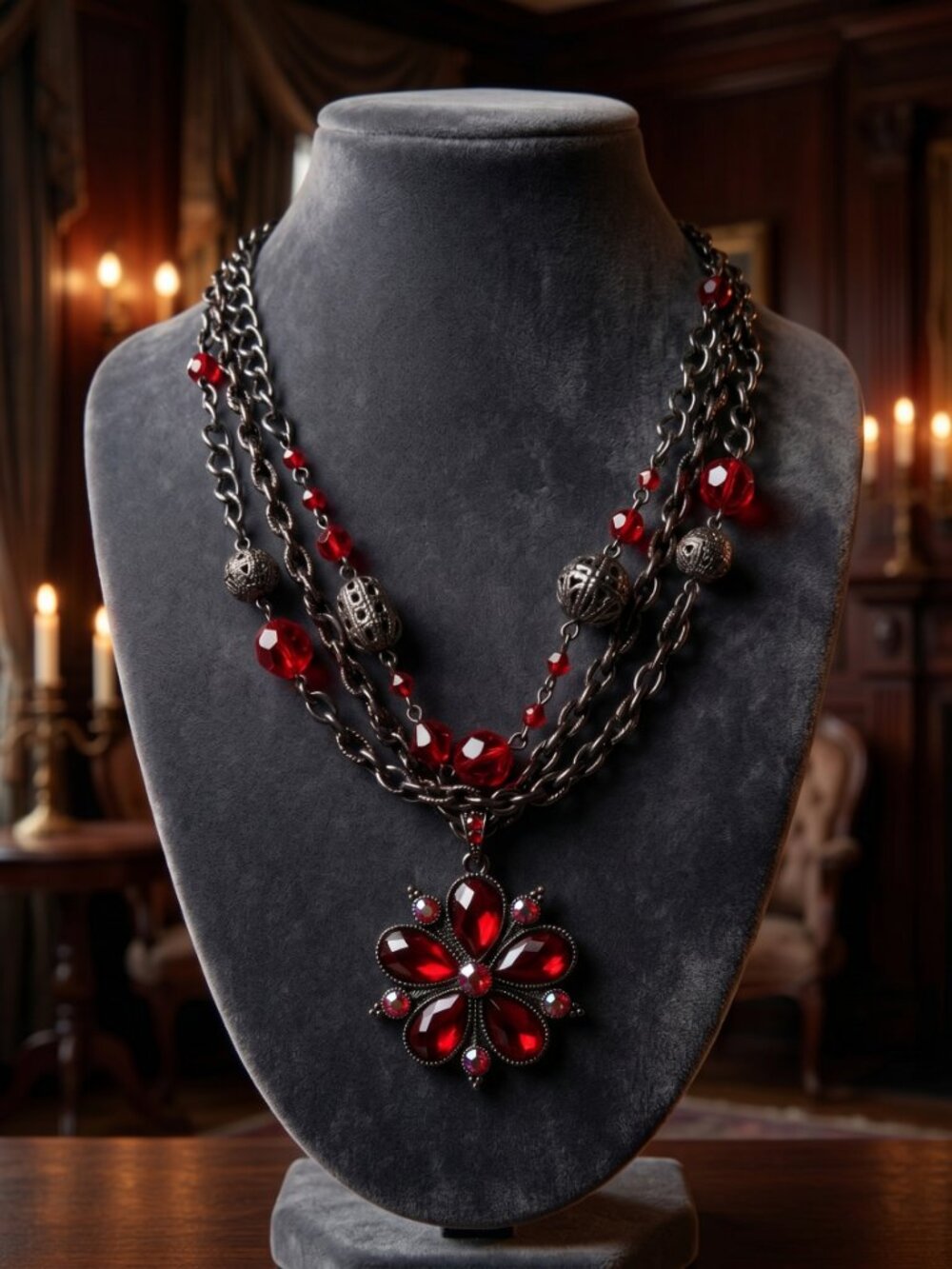 1928® Stunning Ruby Red Crystal Beaded Gunmetal Pendant Necklace Victorian Goth